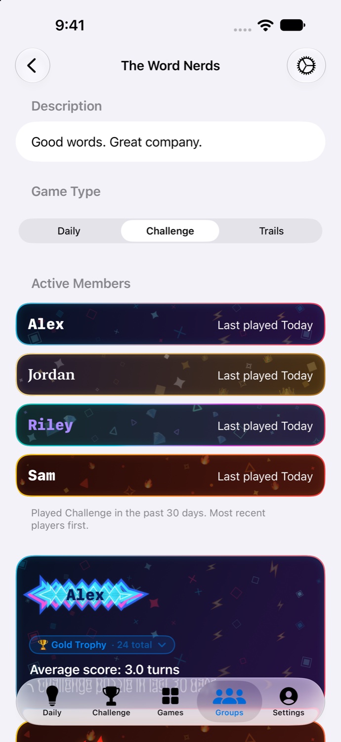 Wordie’s Groups screen showing the Word Nerds example group, Daily, Challenge and Trails tabs, and colorful player flair for Alex, Jordan, Riley and Sam.