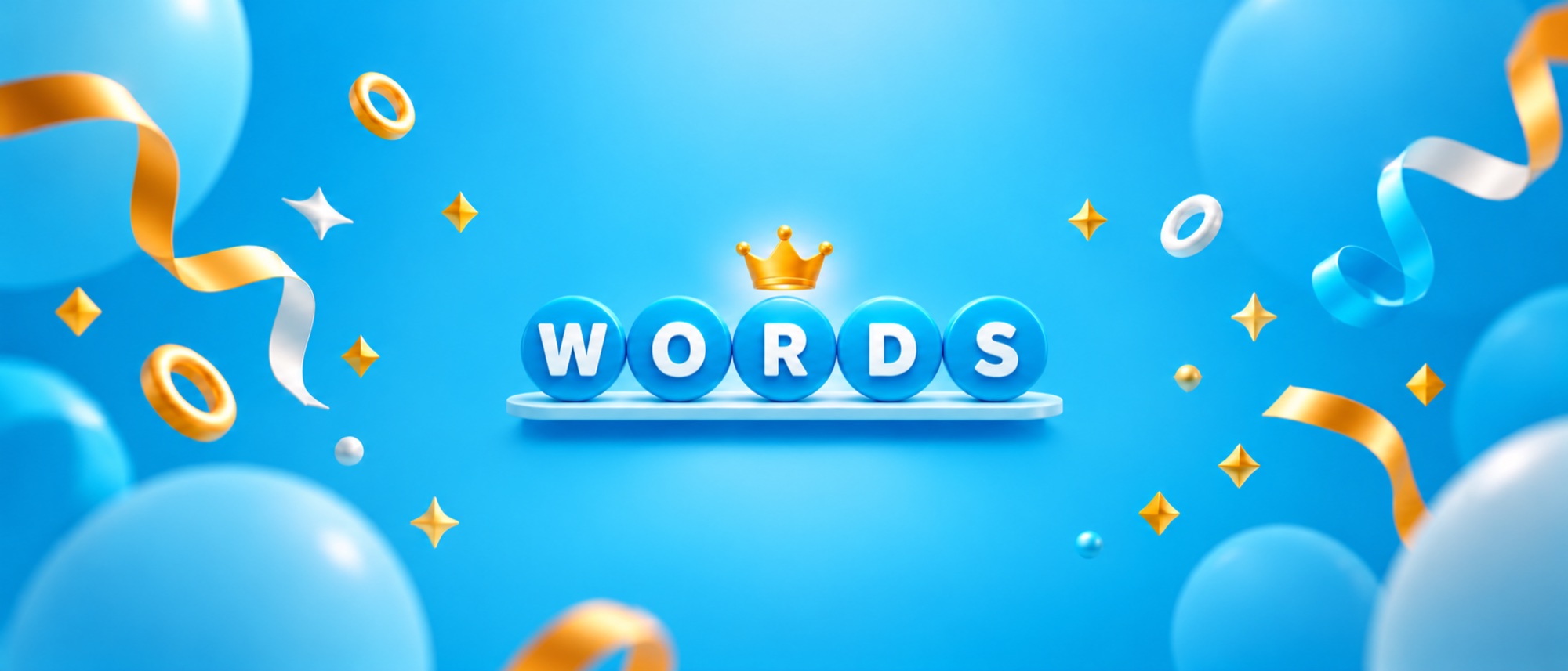 Blue letter chips spell WORDS, with a golden crown and colorful confetti.